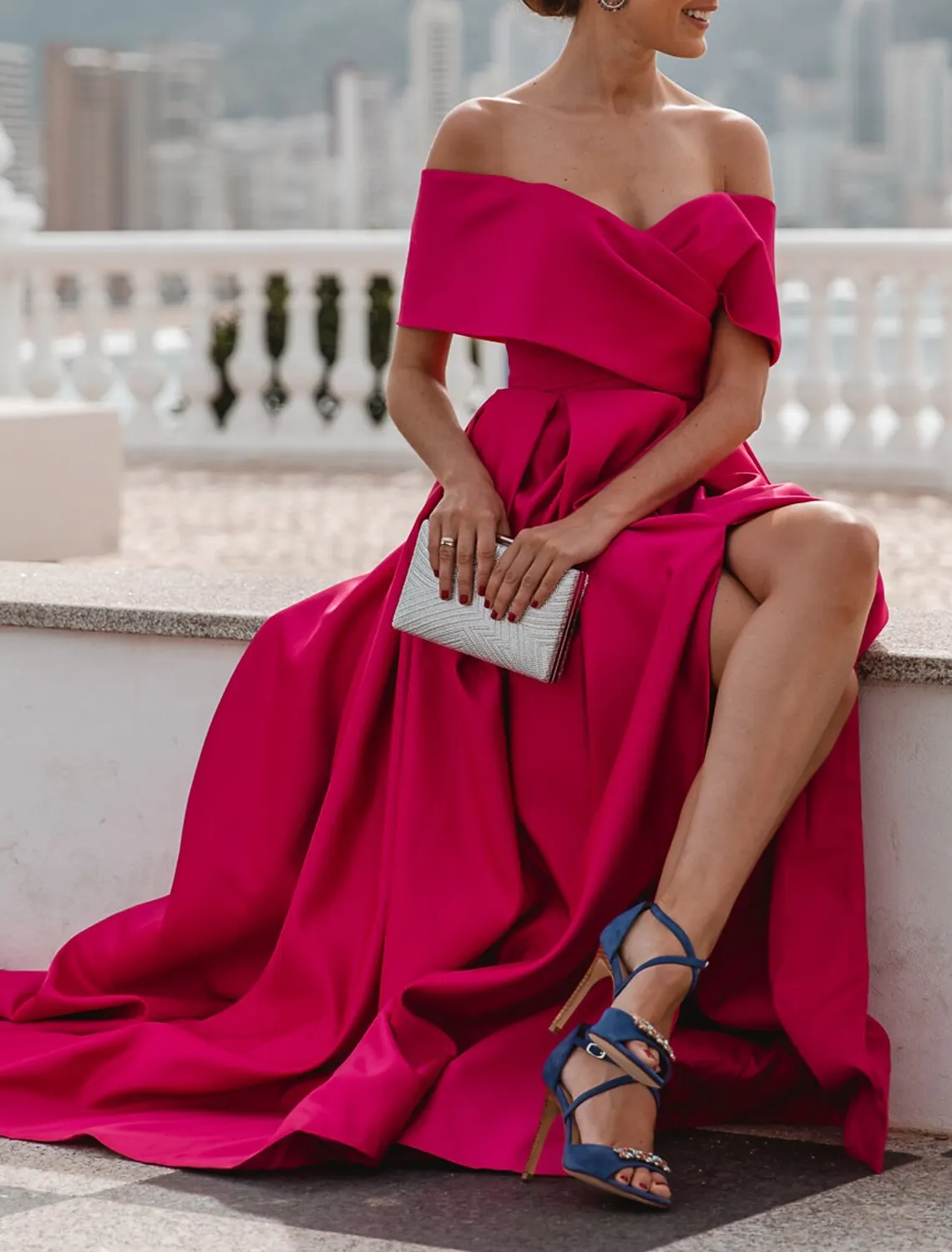 Satin Off the Shoulder Evening Dresses Fuchsia Sweetheart A-line High Split Backless Prom Dress Elegant Formal Women Party Dress