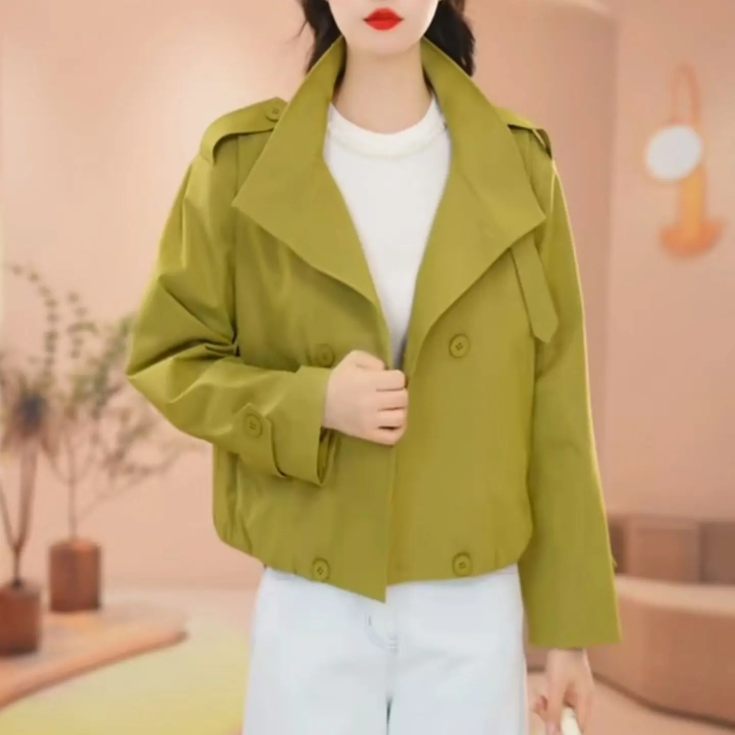 

Женский укороченный тренч Y2K на весну-осень, двубортный, с отложным воротником, повседневная свободная верхняя одежда, куртка для офиса и поездок на работу, 2026