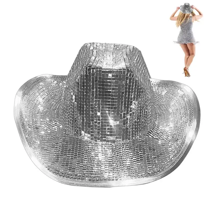 Disco Ball Cowboy Hat Cowboy Caps With Mirrored Glass Jewels Mesh Accents Womens Sun Hat Cowgirl Hats Flashing Blinky Party Hat