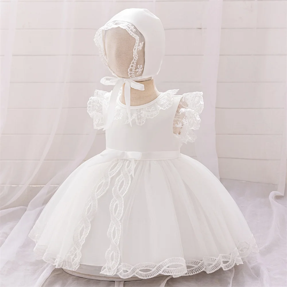 

Платье для крещения с цветочной вышивкой для маленьких девочек, белое платье из 2 предметов, детское кружевное пышное платье-пачка на день рождения, новый костюм 2025 года