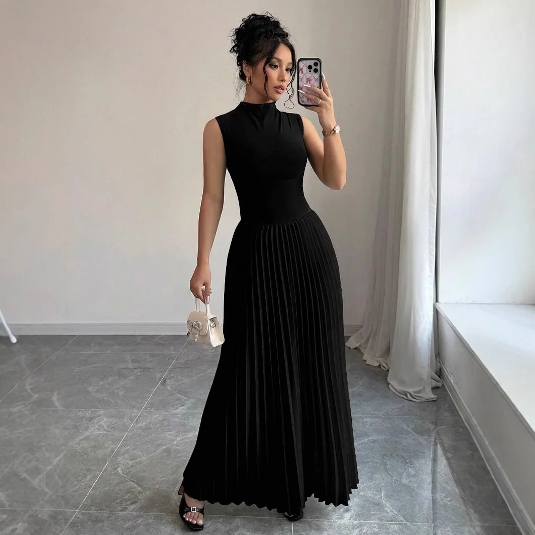 Women's Solid Color Stand Collar Pleated Sleeveless Elegant Long Dress