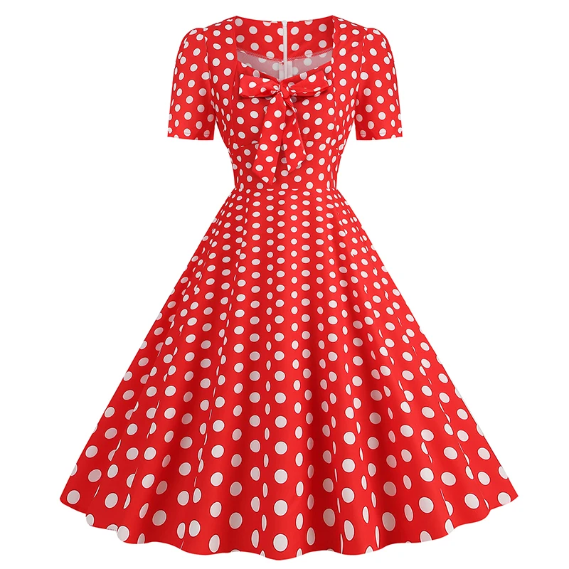 Black Polka Dot Summer Dresses For Women 2023 Robe Vintage 50s 60s Square Neck Bow Short Sleeve Casual Rockabilly Dress Swing