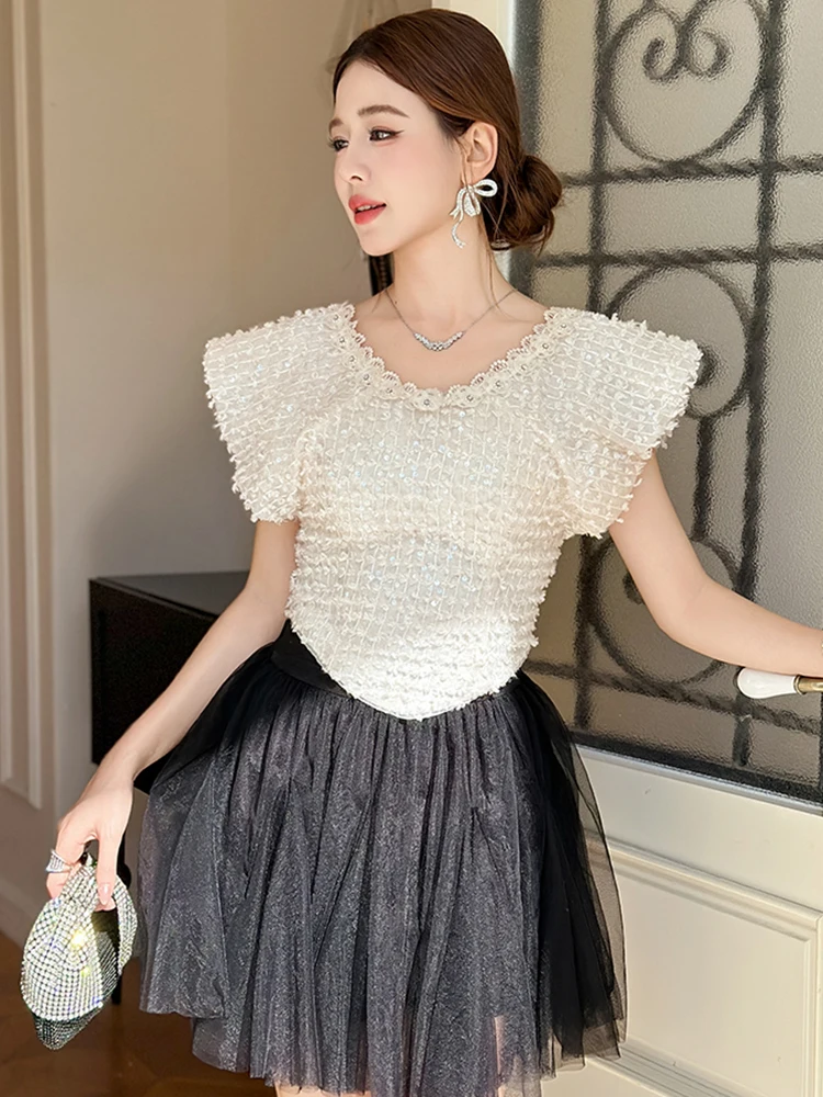 

Women Clothes Casual Embroidery Short Sleeve Shirt Elegant Luxury Lady O-Neck Slim Short Tops Puff Sleeve Blouse Fashion Summer