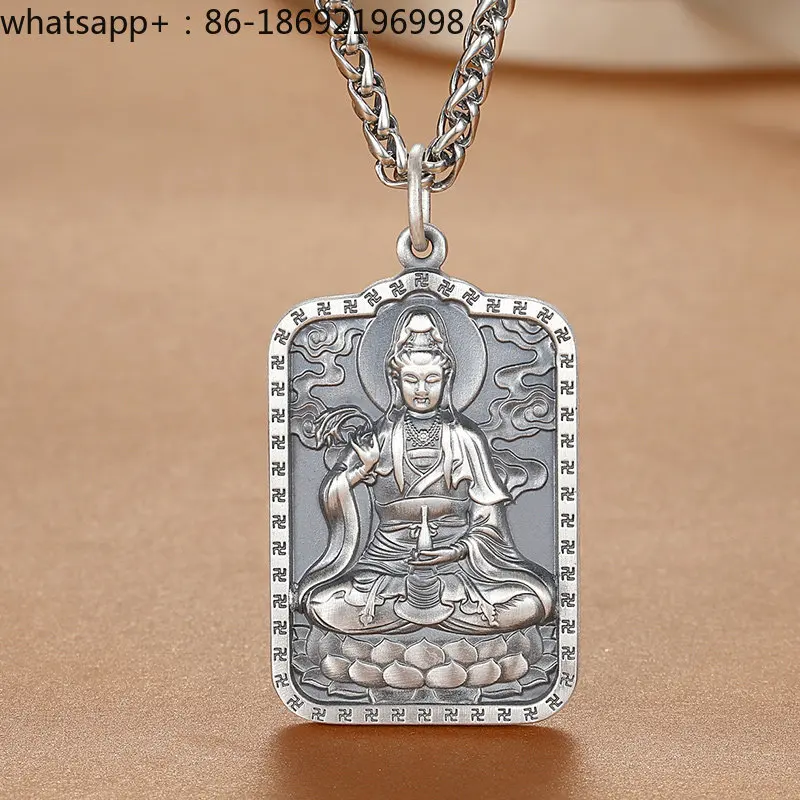 Sterling Silver Guanyin Pendant Male 999 Sterling Silver Retro Solid Bottle Guanyin Heart Sutra Necklace Pendant