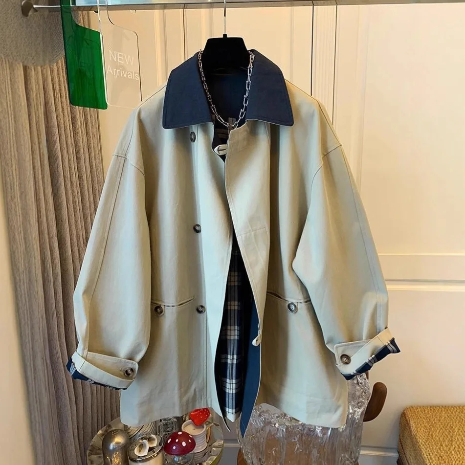 

Корейский Тренч премиум-класса в стиле ретро с цветными блоками — женский универсальный стиль большого размера 2025 года