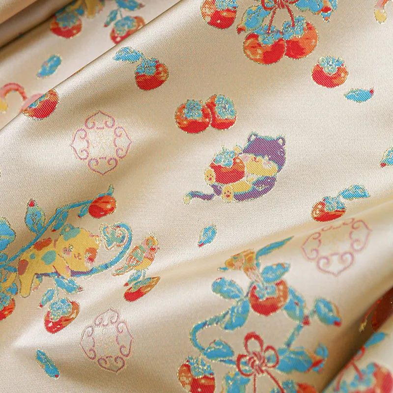 

Persimmon Lucky Cat Jacquard Song Style Brocade Fabric Chinese Style Vest Jacket Blouse Qipao Set Material Soft Breathable