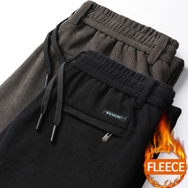 

Men's Fleece Casual Pants Winter Thick Trousers Loose Sport Casual Pants Drawstring Windproof Classic Corduroy Pants Plus Size