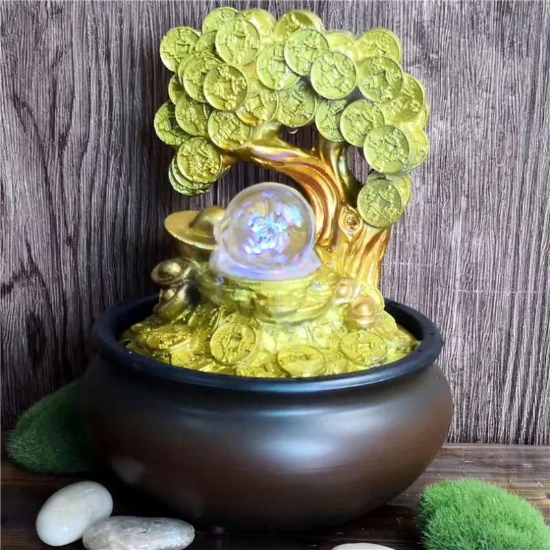 #q-Gold Money Tree Water Fountain Office Feng Shui Decor With Humidifier And Transfer Ball For Desktop Living Roomo*