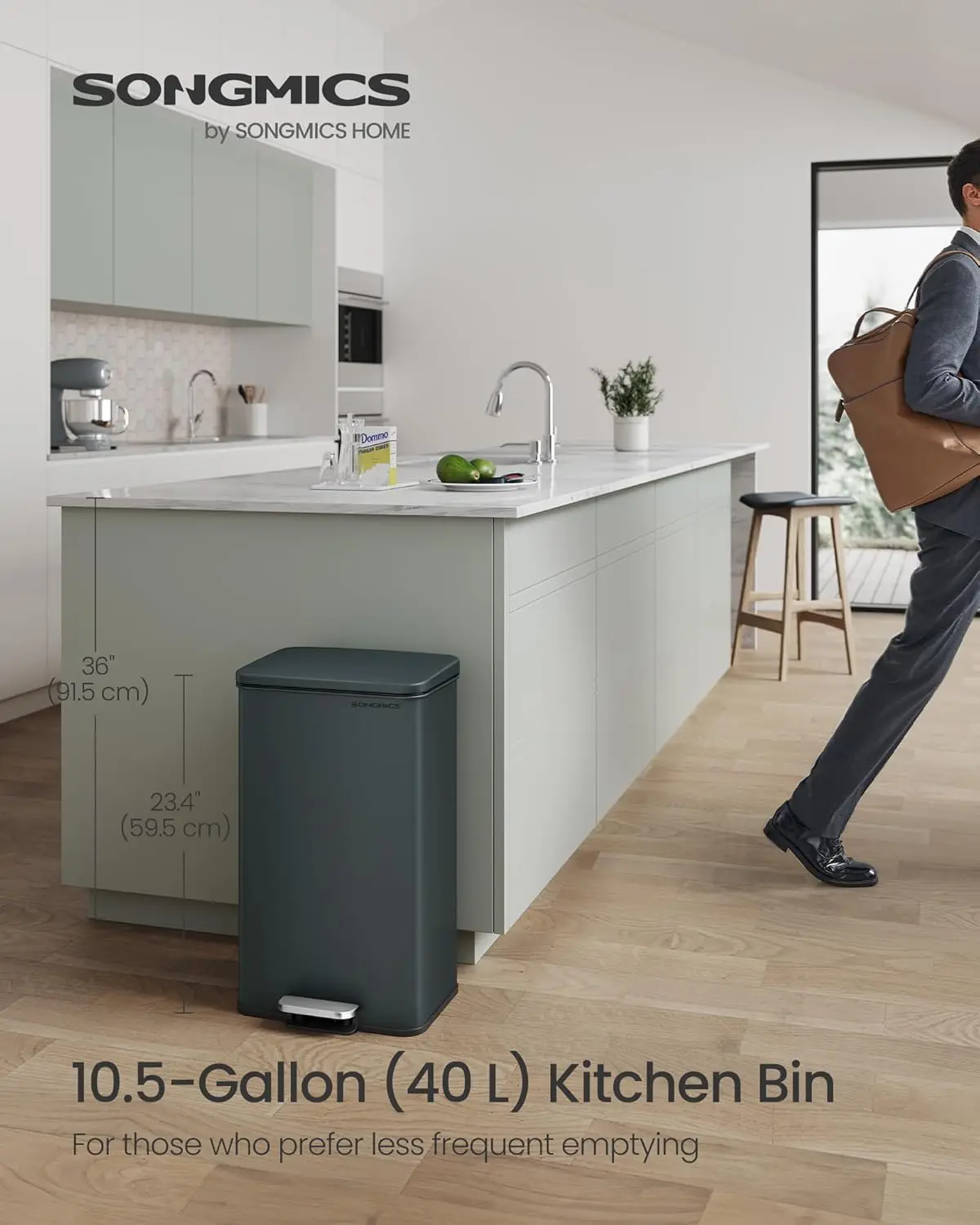 SONGMICS Kitchen Bin, 10.5 Gallon (40 L) Rubbish Bin, Large Step Bin with Lid, Steel, Soft Close, 15 Liner Bags Included