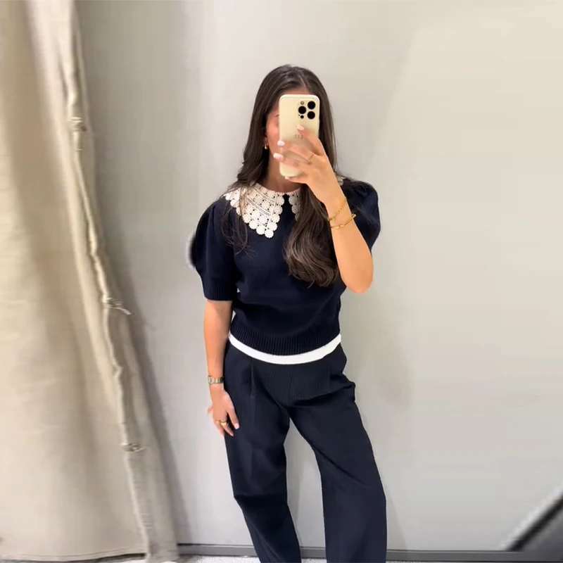 Casual Navy Blue Women's Knitted Top Doll Collar Short Sleeve Pullover 2025 New Slim Cropped Knitwears Fashion Autumn Lady Tops