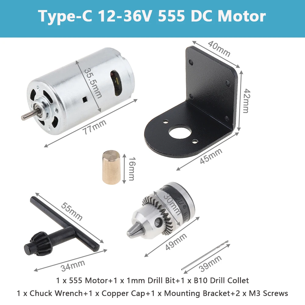 12V-36V 555 DC Motor Bench Drill Mini Hand Drill Sanding Gadgets with Chuck and Mounting Bracket Lathe Press Motor Tools Set