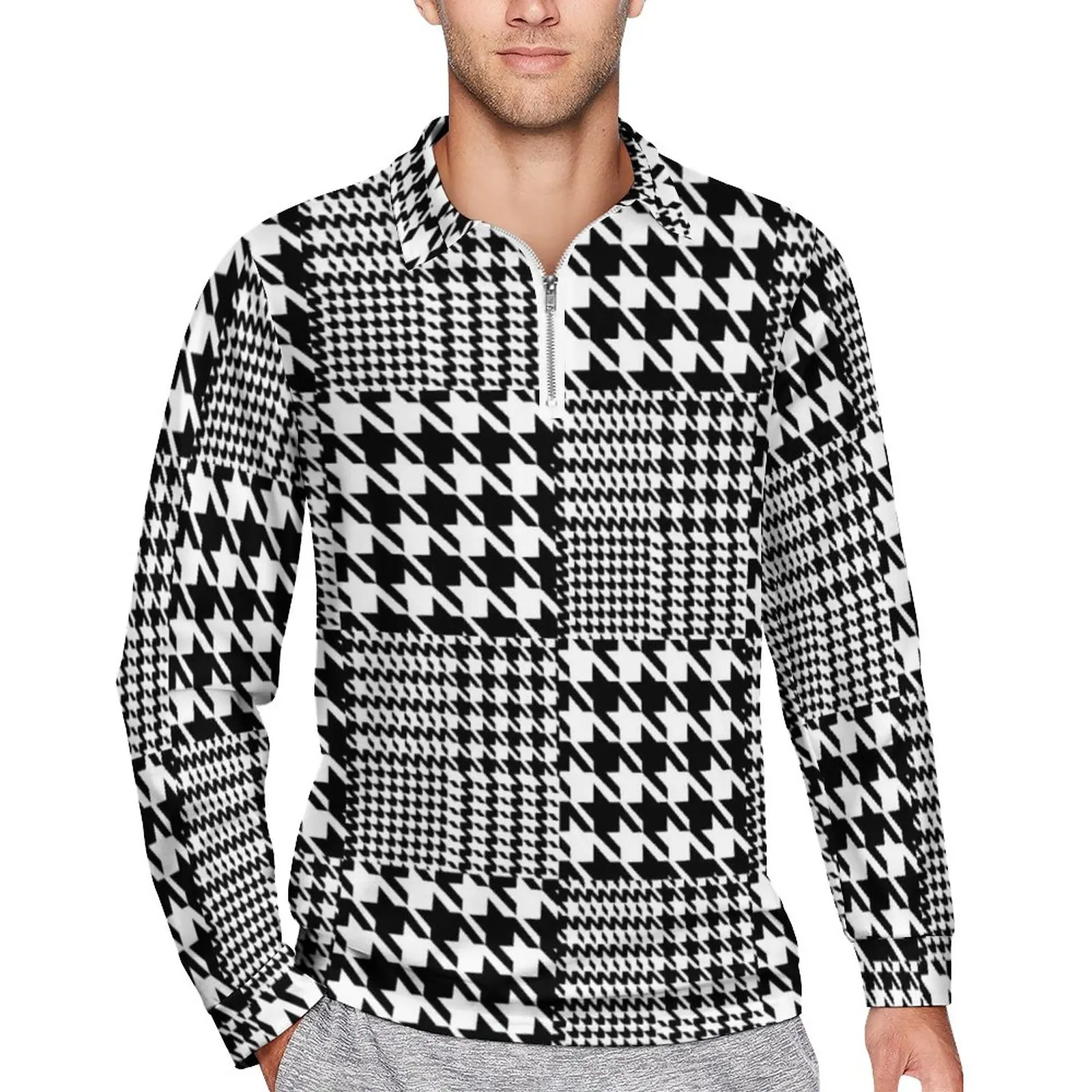 Houndstooth Casual Polo Shirts Black And White Patchwork T-Shirts Long Sleeve Shirt Autumn Cool Oversize Clothes Birthday Gift