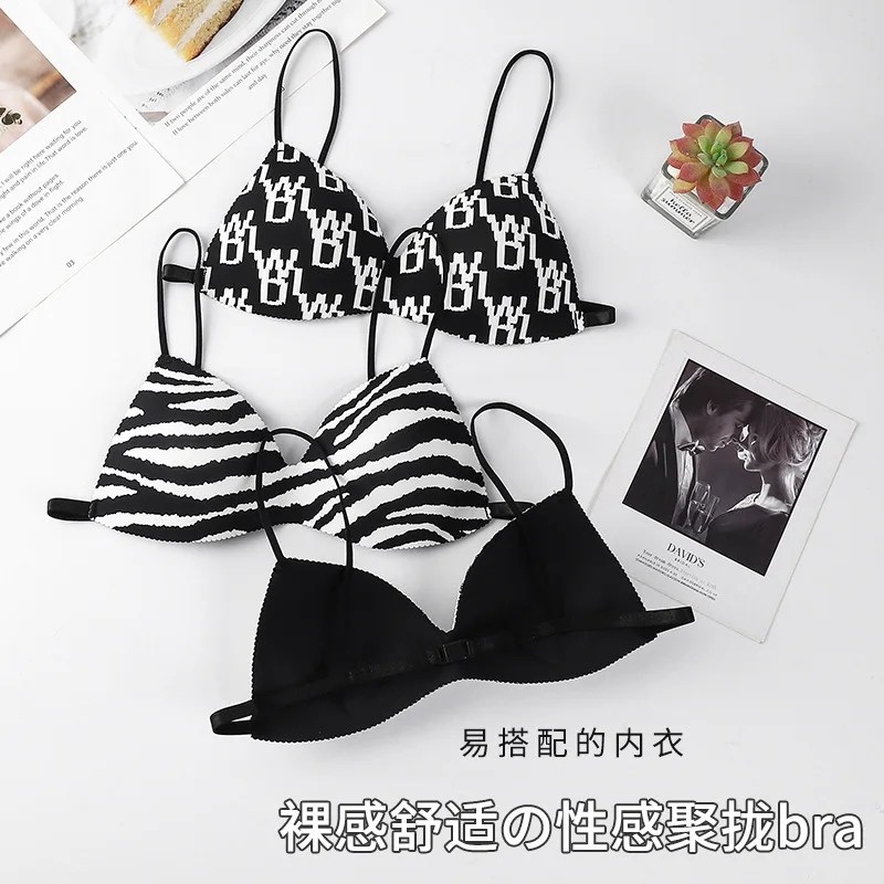 Printed fine shoulder strap beautiful back bra without steel ring underwear for girls sexy gathering without trace strapless