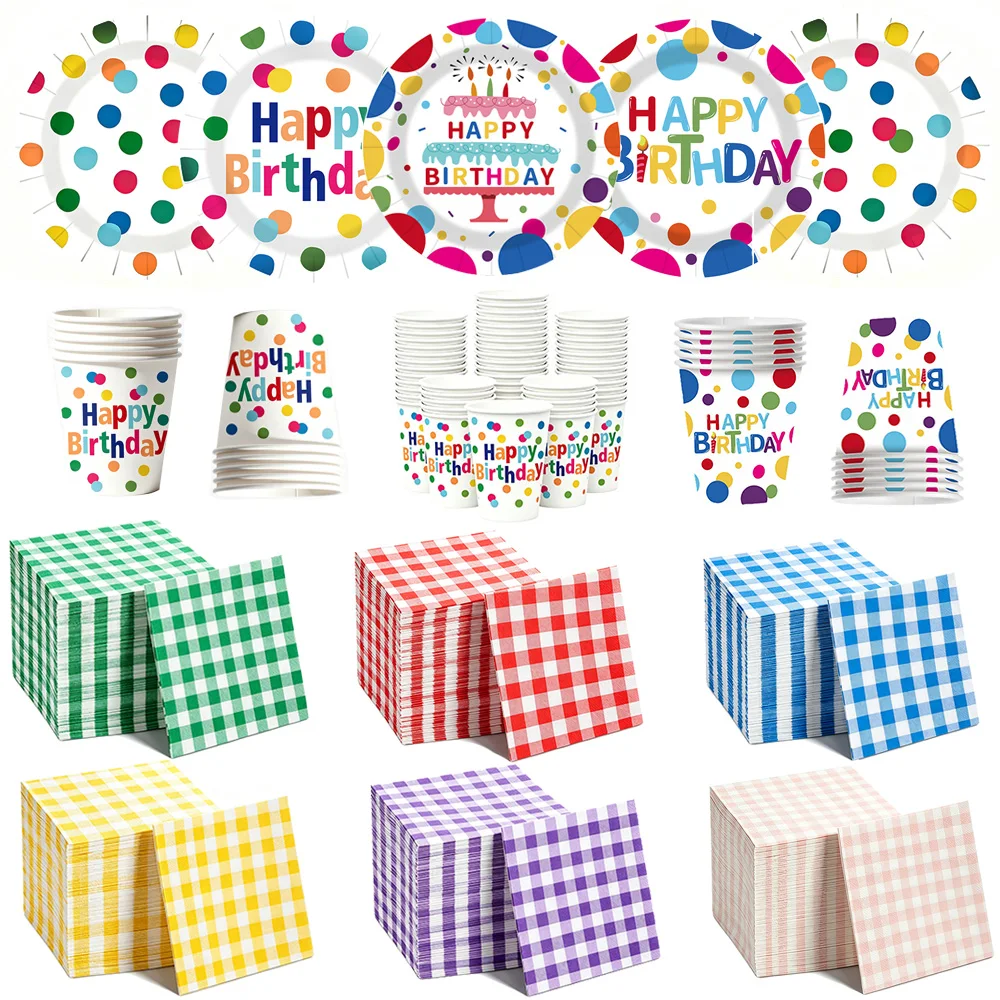 20/40/60Pcs DisposableTableware Colorful Polka Dot Paper Plates Cups Mixed Color Gingham Paper Napkins Birthday Party Supplies