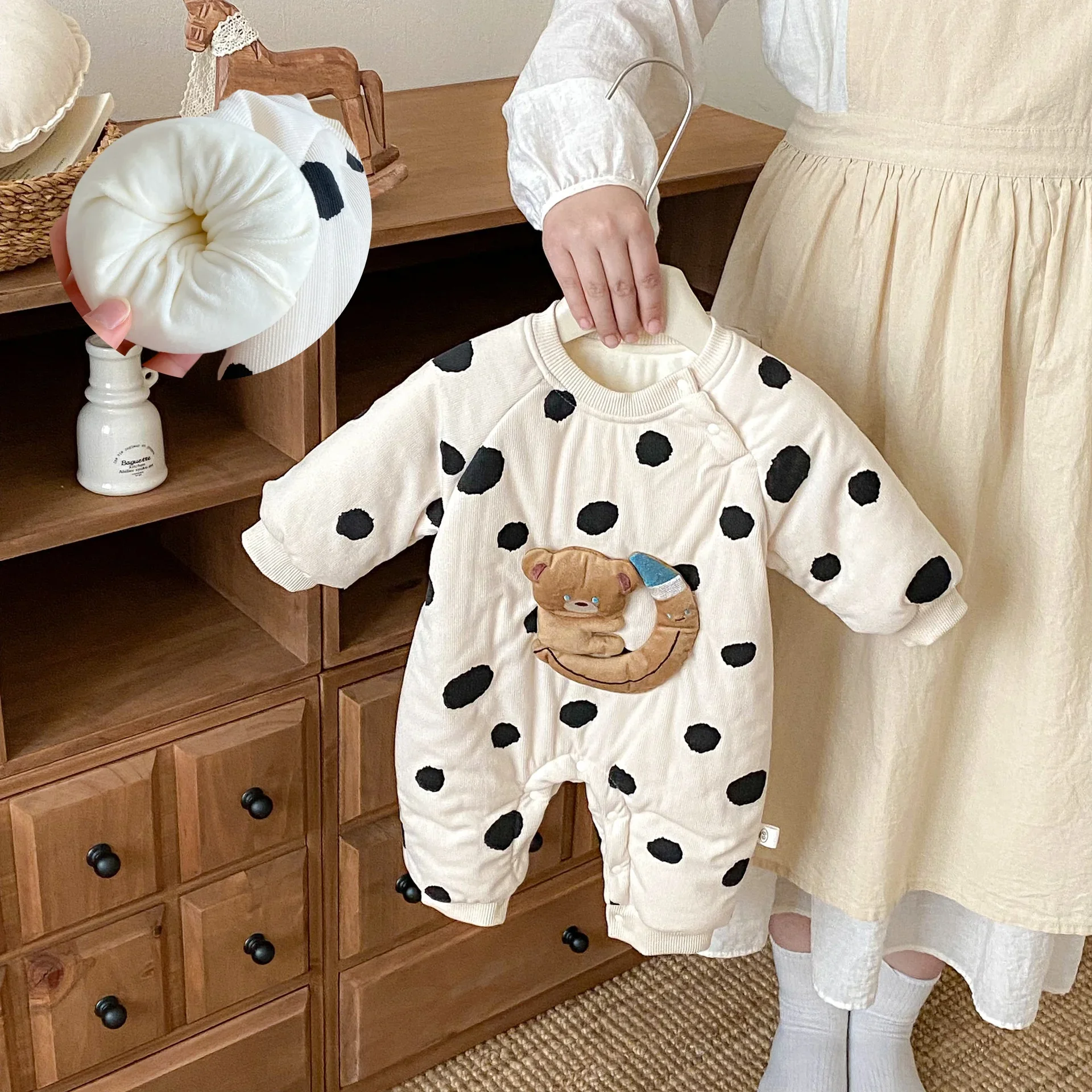 

Дитячий комбинезон с подкладкой для маленьких девочек и мальчиков, От 0 до 24 месяцев, комбинезон с рисунком медведя в горошек для новорожденных, мягкий, приятный для кожи, цельный на флисовой подкладке