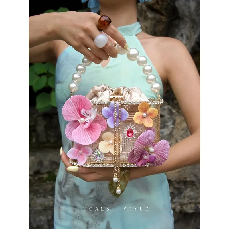 French Fairy Premium Birdcage Butterfly Flower Pearl Banquet Vegetable Basket Crossbody Bucket Bag