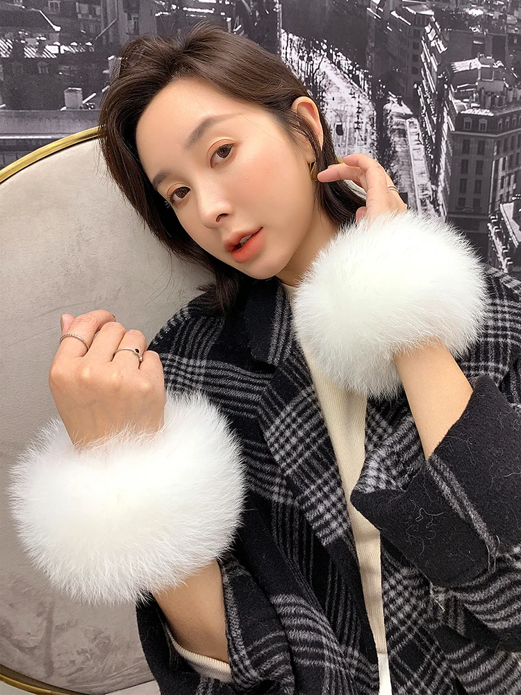 Damskie mankiety z prawdziwego futra, modne, składane, pluszowe, miękkie opaski na rękę, puszyste pierścienie na kolana, futrzana bransoletka z lisa, pętla do chwytania, rękaw, opaska na nadgarstek. ﻿