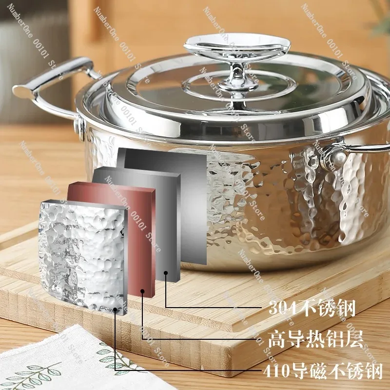 Korean Thickened 3-Layer Stainless Steel Hammered Soup Pot, Frying Pan & Milk Pot Set