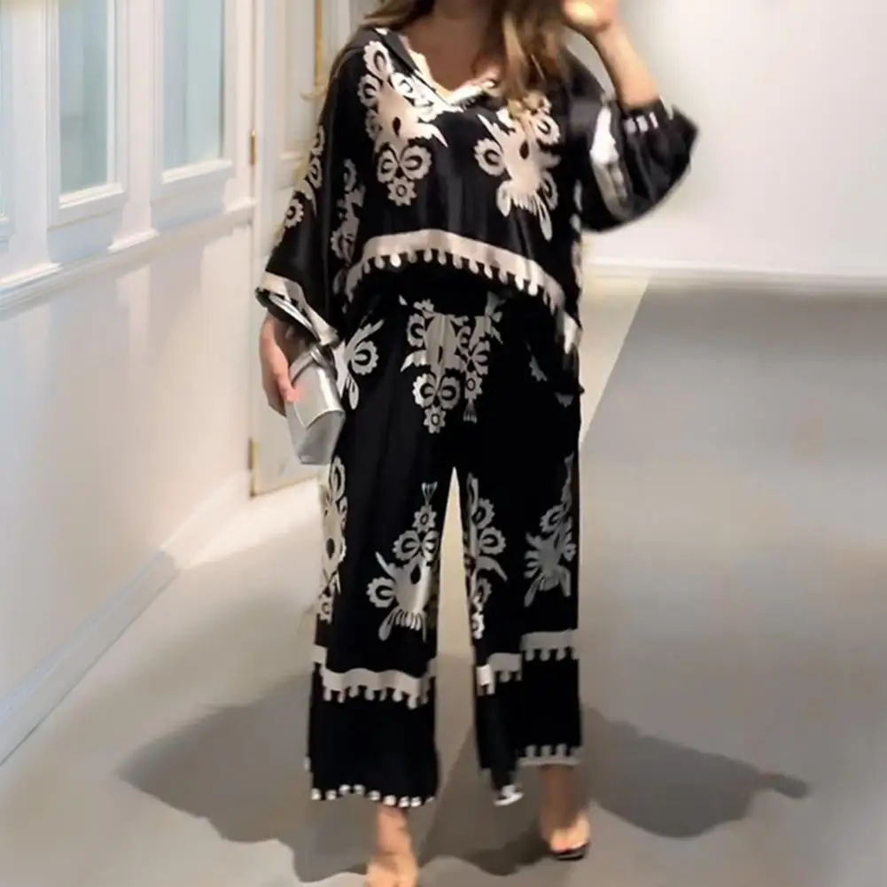 V Neck Blouse Pants Set Retro Print Women's Top Pants Set with Irregular Design Long Sleeve Blouse Wide Leg Trousers for Daily