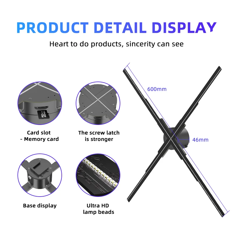 Ventilateur holographique 3D à vision directe 60 cm, projecteur de logo DIY, imagerie holographique en direct, lumière publicitaire innovante, compatible avec la télécommande Wi-Fi