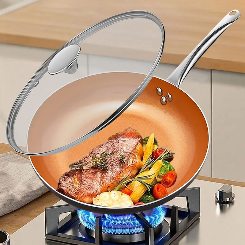 

8 "10" медная сковорода с антипригарным покрытием и крышкой, титановая керамическая внутренняя сковорода для соуса, сковорода для омлета, кухонная сковорода для приготовления пищи, посуда