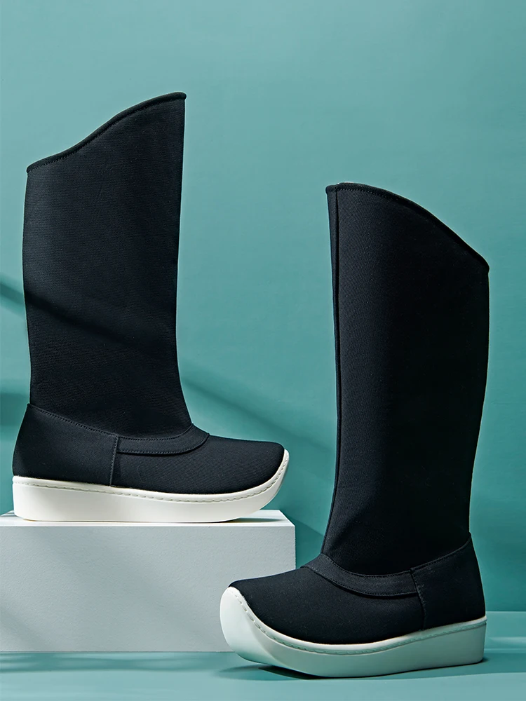 Fulujiacos Botas Hanfu de lona com sola grossa, botas de fantasia antigas com aumento de altura masculina, sapatos de pernas longas