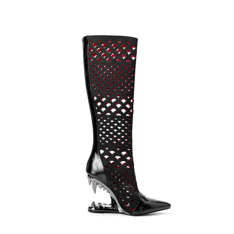 Hollow Out Knee High Sandal Heels Long Boots Women Pointed Toe Leather Tiger Tooth Heel Buckle Gothic Punk Party Fashion Shoes