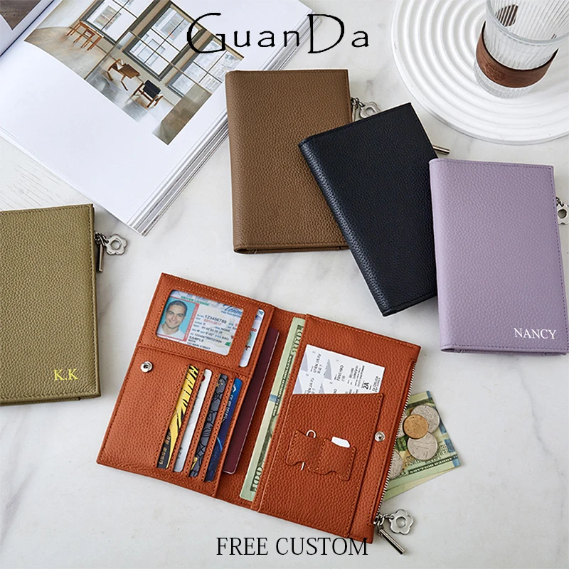 

Custom Letters Luxury Passport Wallet Cowhide Multifunction Fashion Woman Card Holder Zip RFID Casual Travel Passport Bag Gift