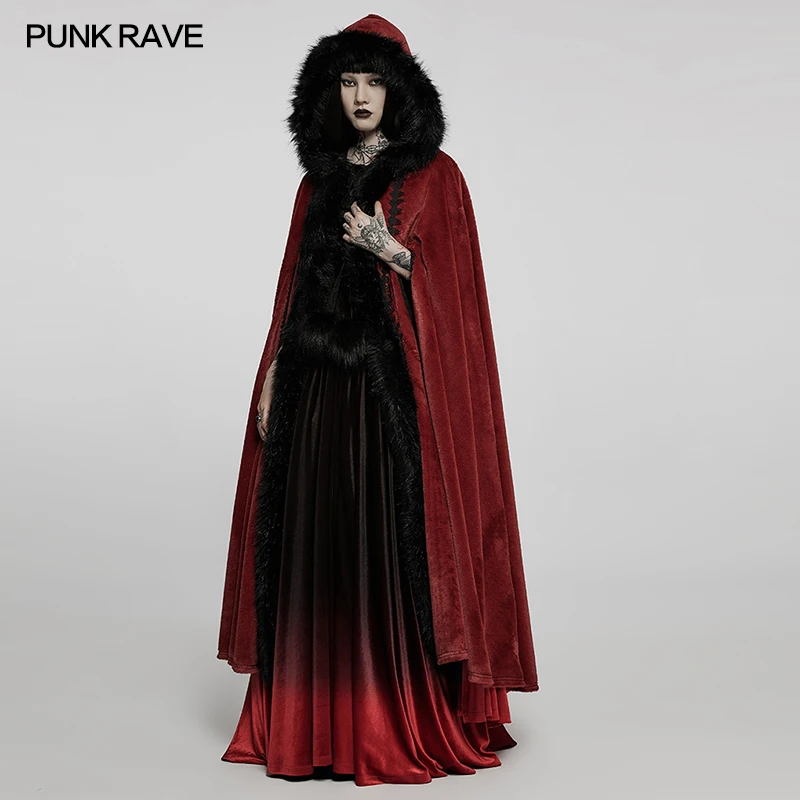 Punk Rave Red&Black two color choice Goth faux rabbit fur long cloak Jacket WY1423