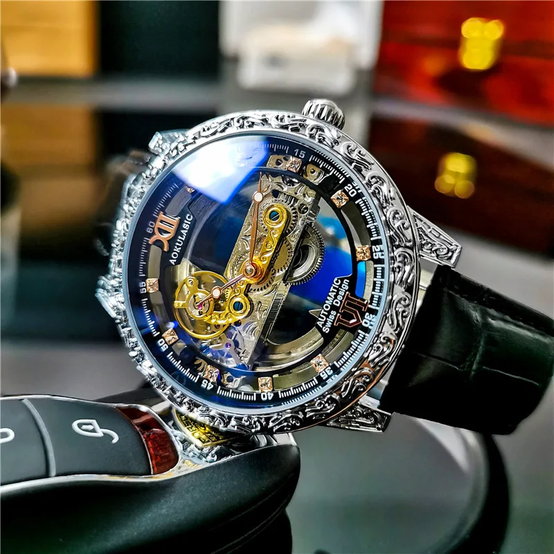 Free Shipping OUTLETSAOKULASIC Automatic Mechanical Men's Watch Vintage Engraving Double-Sided Hollow Waterproof Luminous