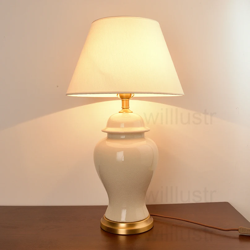 Ice cracked porcelain table lamp colorful glazed ceramic jar copper base fabric shade table light study bedside living room lamp