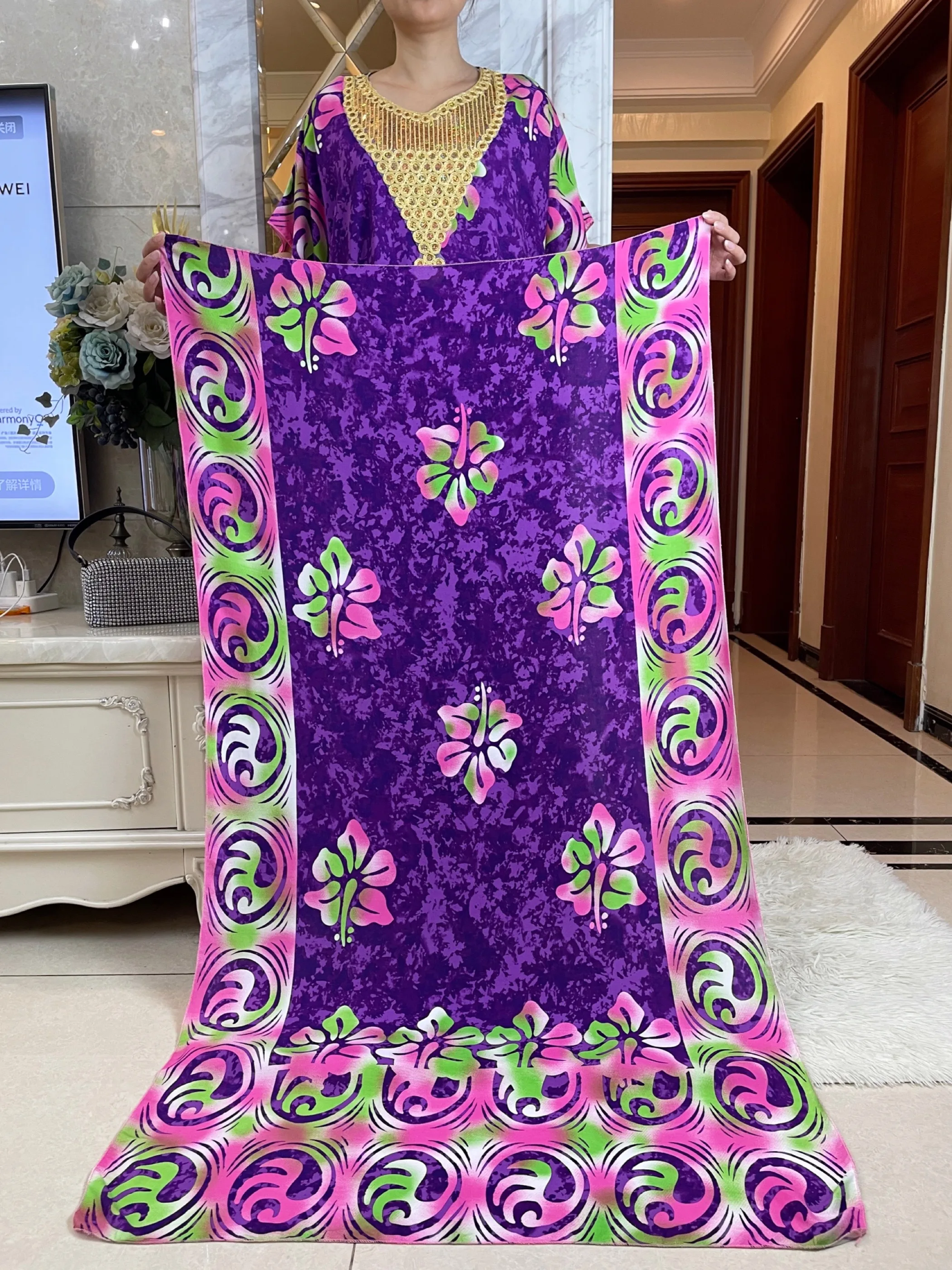 2024 Dubai Muslim Cotton Dress With Big Scarf For Women Loose Maxi  Robe Femme Musulmane African Summer Printing Floral Abaya