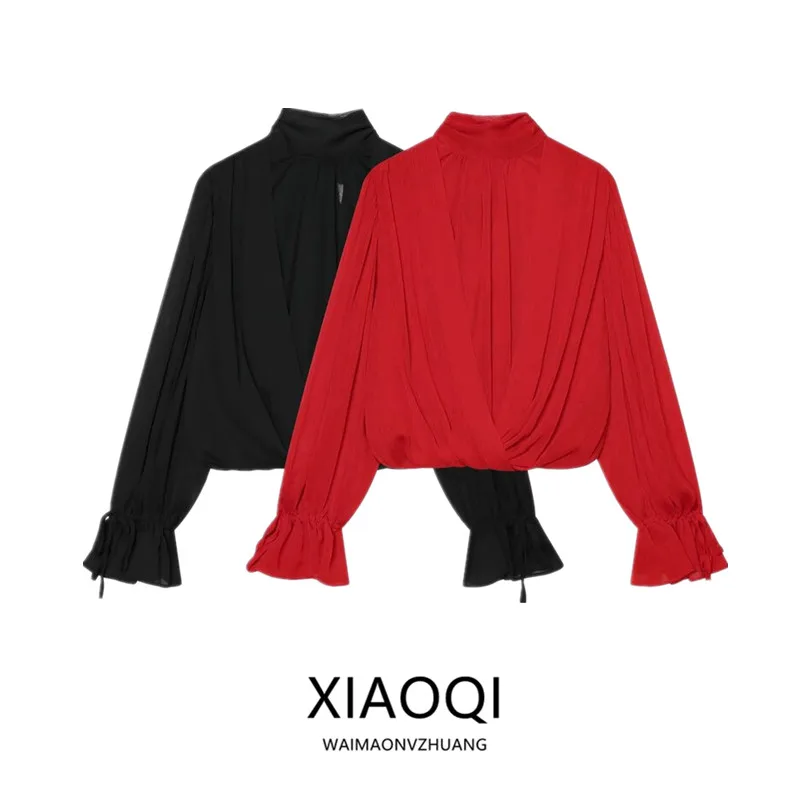 Fall 2026 New Women's Long Sleeve Stand Collar Backless Knot Pleated Top Commute Style High Waist Other Material Shirt