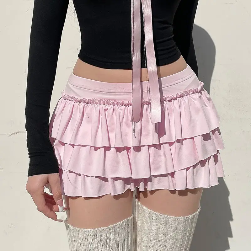 

Deeptown Coquette Pink Sexy Mini Skirt Women Ruffle Bow Sweet Kawaii Layered Short Skirt Lolita Pleated Solid Y2k Casual Skirts