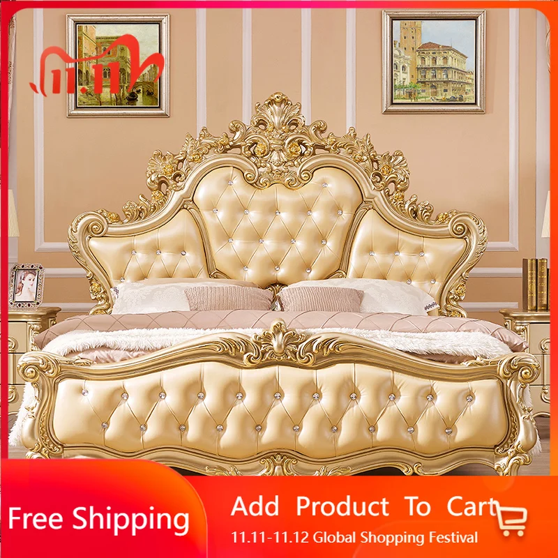 

Luxury European Massage Bed Castle Bedroom Frame Double Wooden Platform Bed Princess Sleeping Letto Matrimoniale Home Furniture