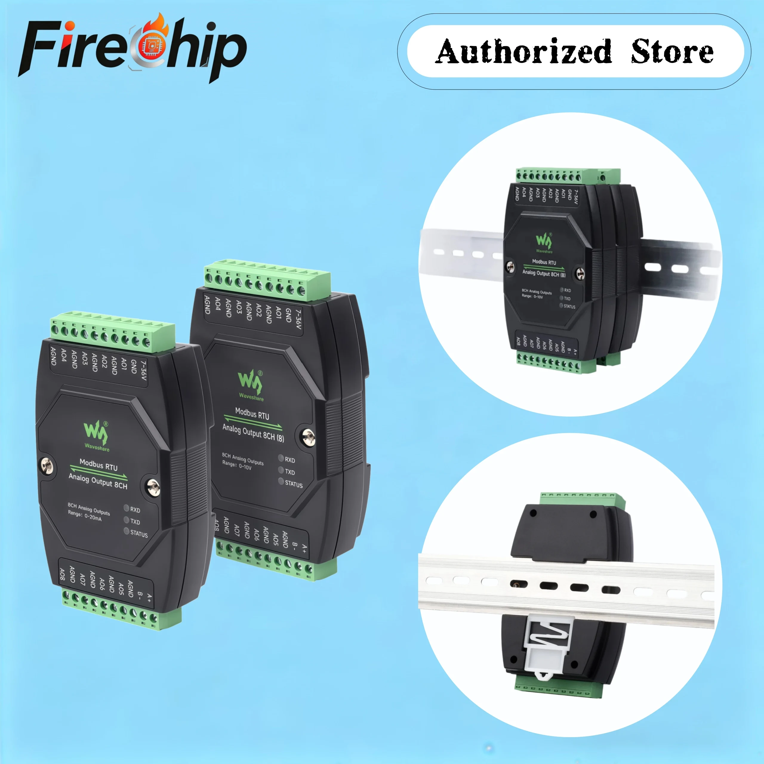 Waveshare Industrial 8-Ch Modbus RTU Analog Output Module DC 7~36V Wide Voltage Power Supply, Supports 8-ch Simultaneous Voltage