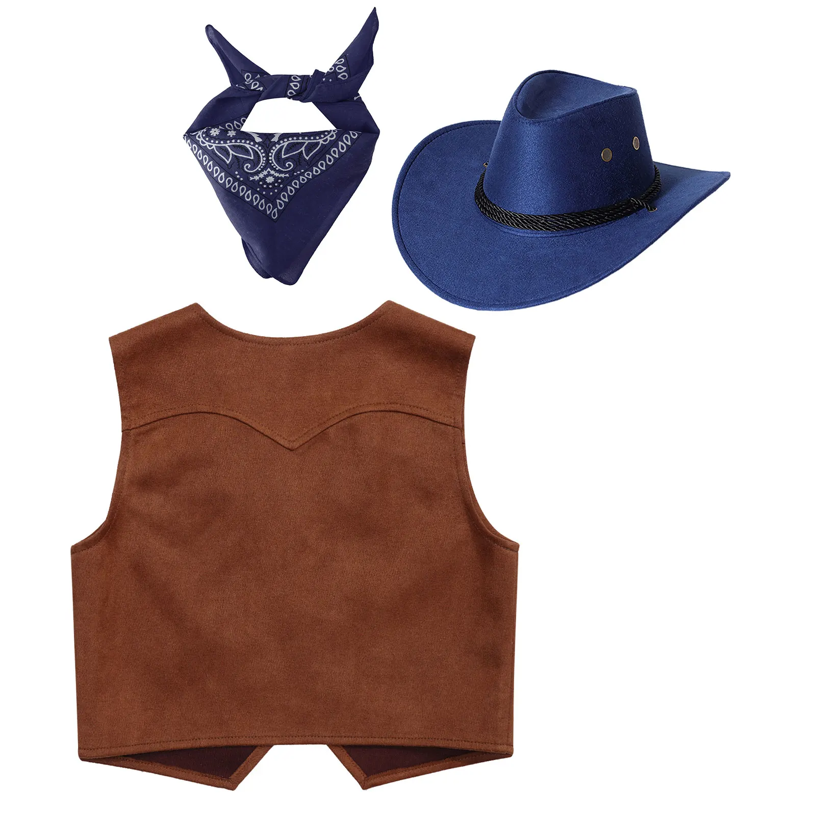 Western Cowboy Cowgirl Costume Wild West Sleeveless Fringe Vest Waistcoat with Bandanna Hat Halloween Cosplay Fancy Dress Up