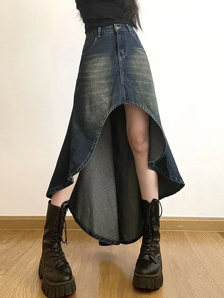 

TARUXY Washed Distressed Slit Denim Skirt For Women Hollow Out Cutout Women's Maxi Skirts Sexy Fashion Streetwear Ladies Bottoms