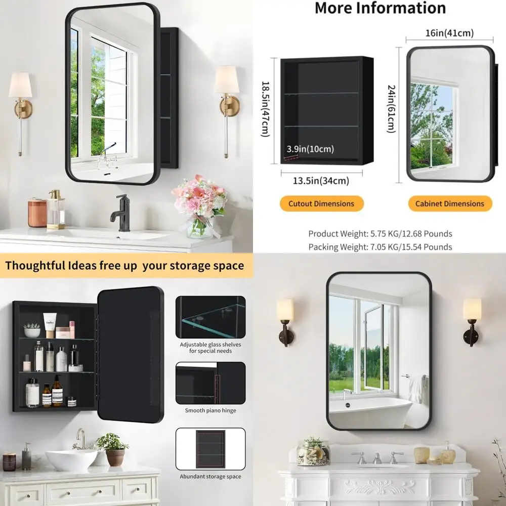 

Metal Framed 16x24 Inch Recessed Medicine Cabinet with Mirror and Storage for Bathroom Vanity