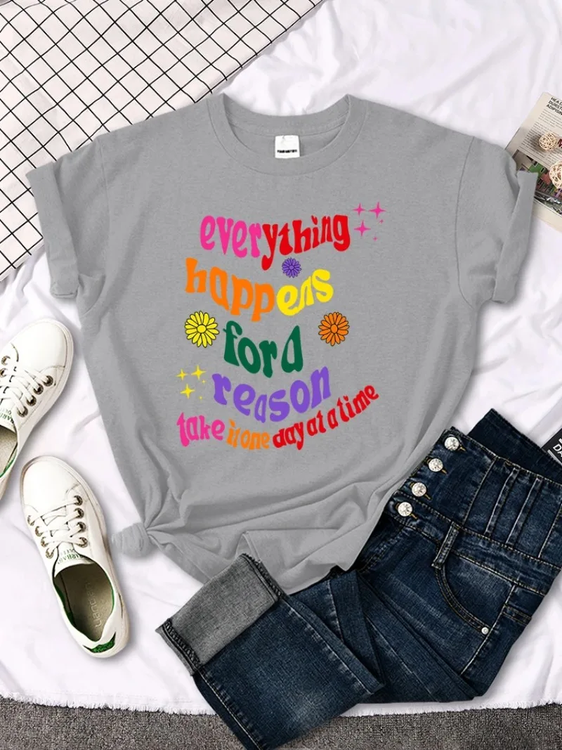 Colored Letter Tee Shirts Sport Loosetee Tops Street Hip Hop T-Shirts Round Neck Women Tee Shirt Everything Happens For A Reason