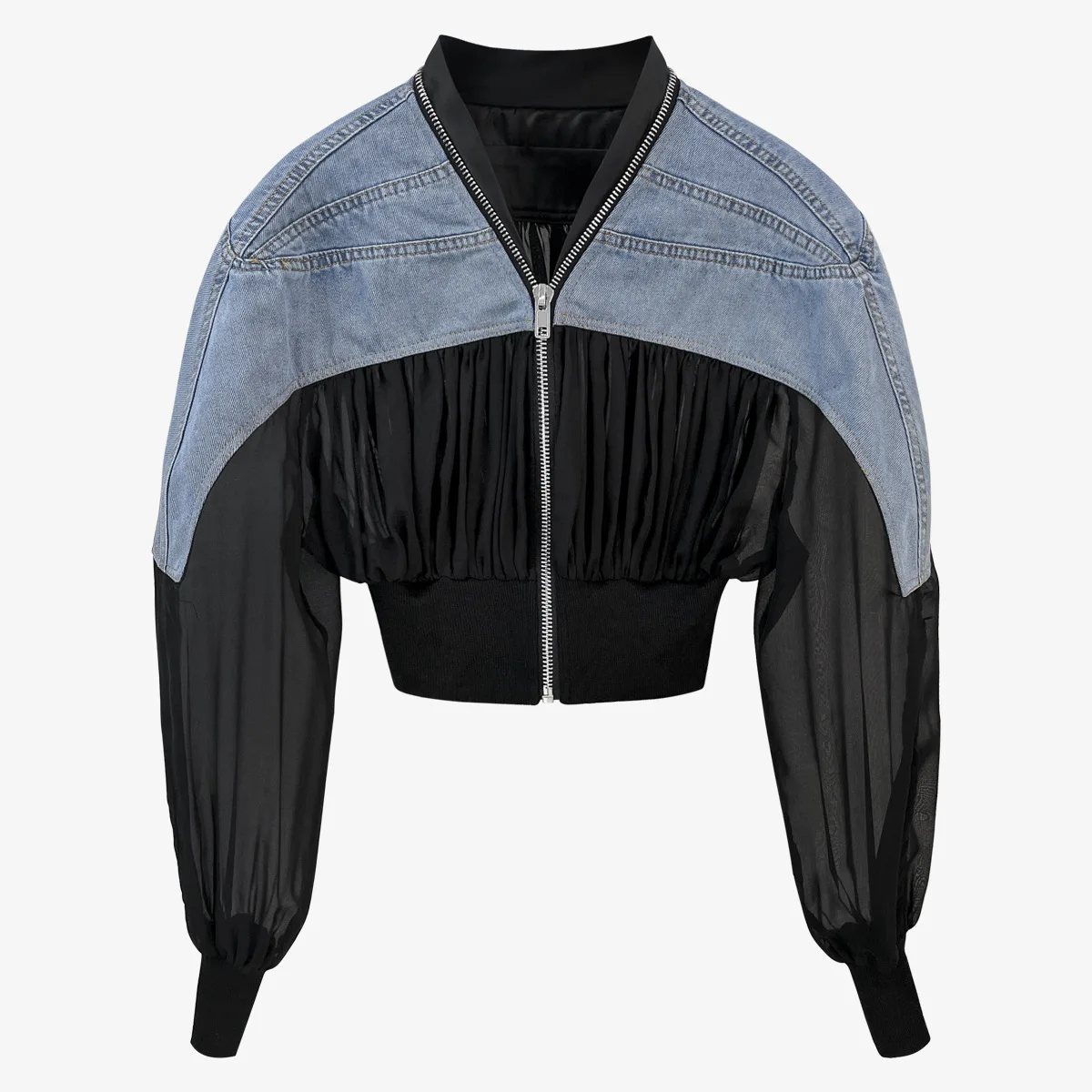 Women's Denim Jacketnew Stand Collar And Denim Pleated Design Hem Knit Material Long Sleeve Jacket Women's Top