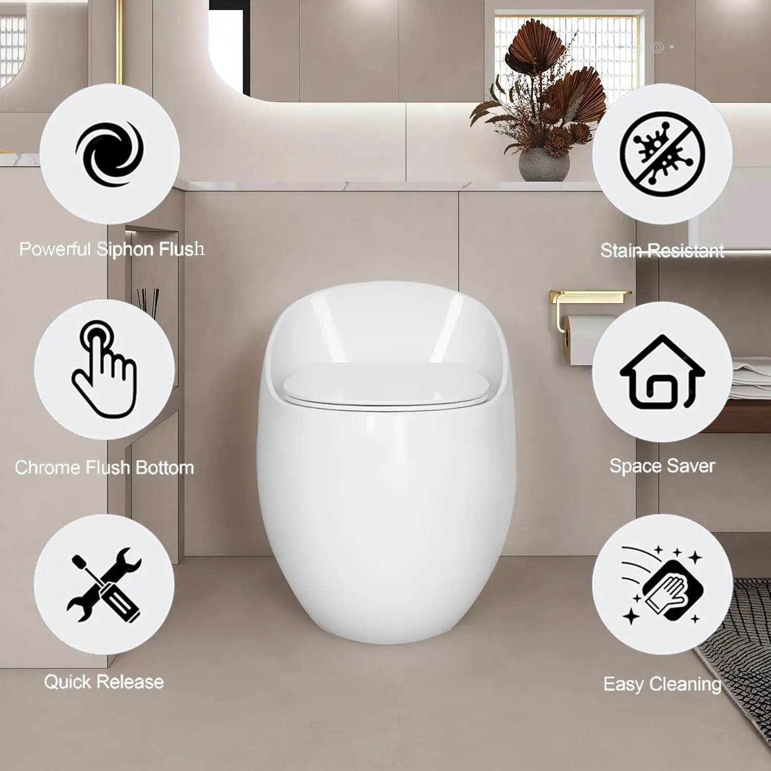 Egg-Design Space-Saving One-Piece Ceramic Toilet Modern Standard with 1.28 GPF Powerful Flush Soft Close Features for Bathrooms