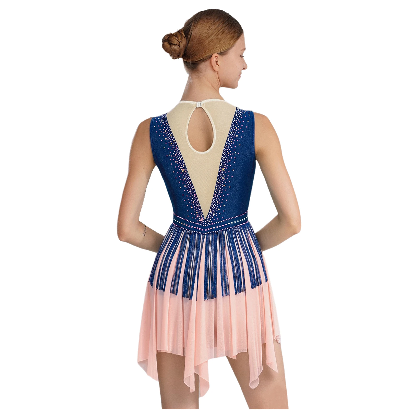 Womens Figure Skating Dress Rhinestones Tassel Sleeveless Contrast Color Mesh Leotard Dress Ballet Latin Rhythmic Dance Dress