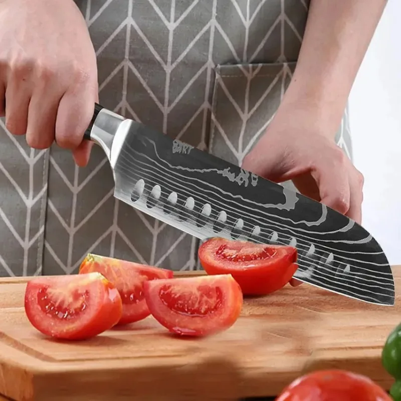 1-6pcs Damascus Steel Pattern Chef Knife Household Meat Cleaver Vegetable Slicing Knife Peeling Knife Sharp Kitchen Scissors