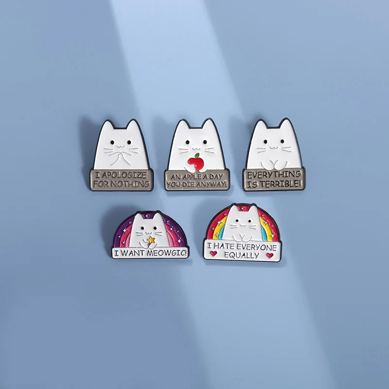 Cute Rainbow Cat Enamel Pins I HATE EVERYONE EQUALLY Funny Kitten Brooches Lapel Metal Badge Backpack Jewelry Pins Wholesale