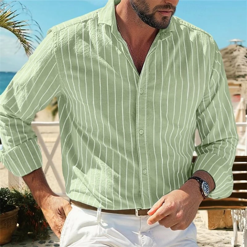 2024 men\'s shirt stripe long-sleeved shirt Hawaiian shirt loose single-row single-row spring shirt XS-6XL fashion casual