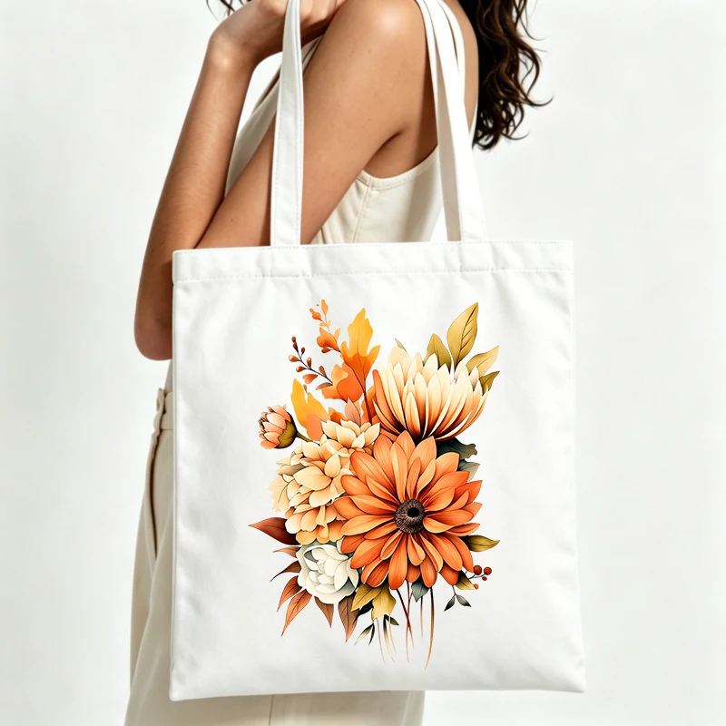 autumn floral canvas tote bag with daisy print, ideal for daily shopping and casual outings