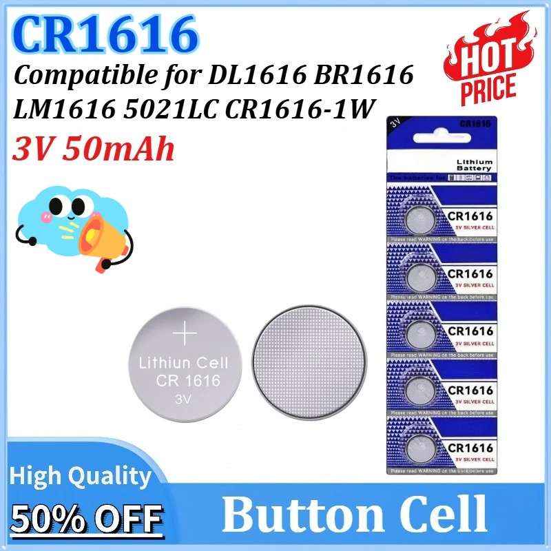 

Newly 10-100PCS CR1616 3V 50mAh for DL1616 BR1616 LM1616 5021LC CR1616-1W Button Coin Cell for Watch Toys Clock Remote Control