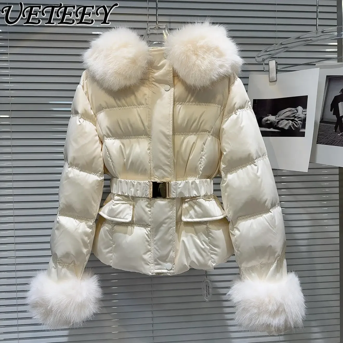 Winter New Fox Fur Collar Hooded Waist Solid Color Cotton Coat High Sense Long Sleeve Short White Duck Down Jacket for Women