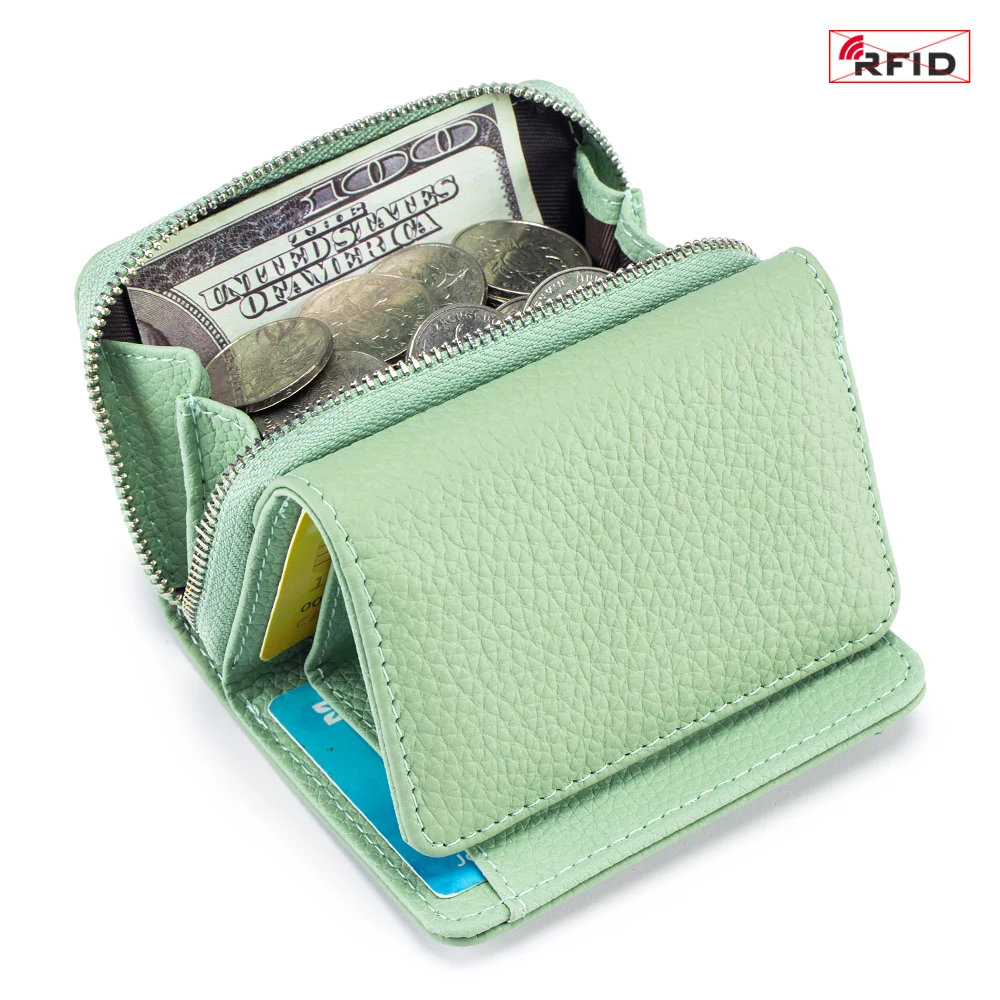 apanese Style Short Genuine Leather Women's Three-fold Mini RFID Wallet Large Capacity New Multi-function Coin Bag Storage Bag